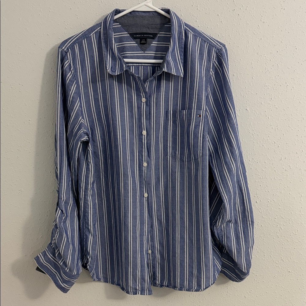 Tommy Hilfiger Blue and White Striped Button-Down Shirt
